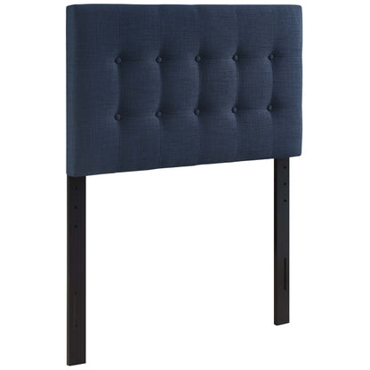 Navy blue tufted fabric headboard with square button tufting and black metal legs; modern bed accessory.