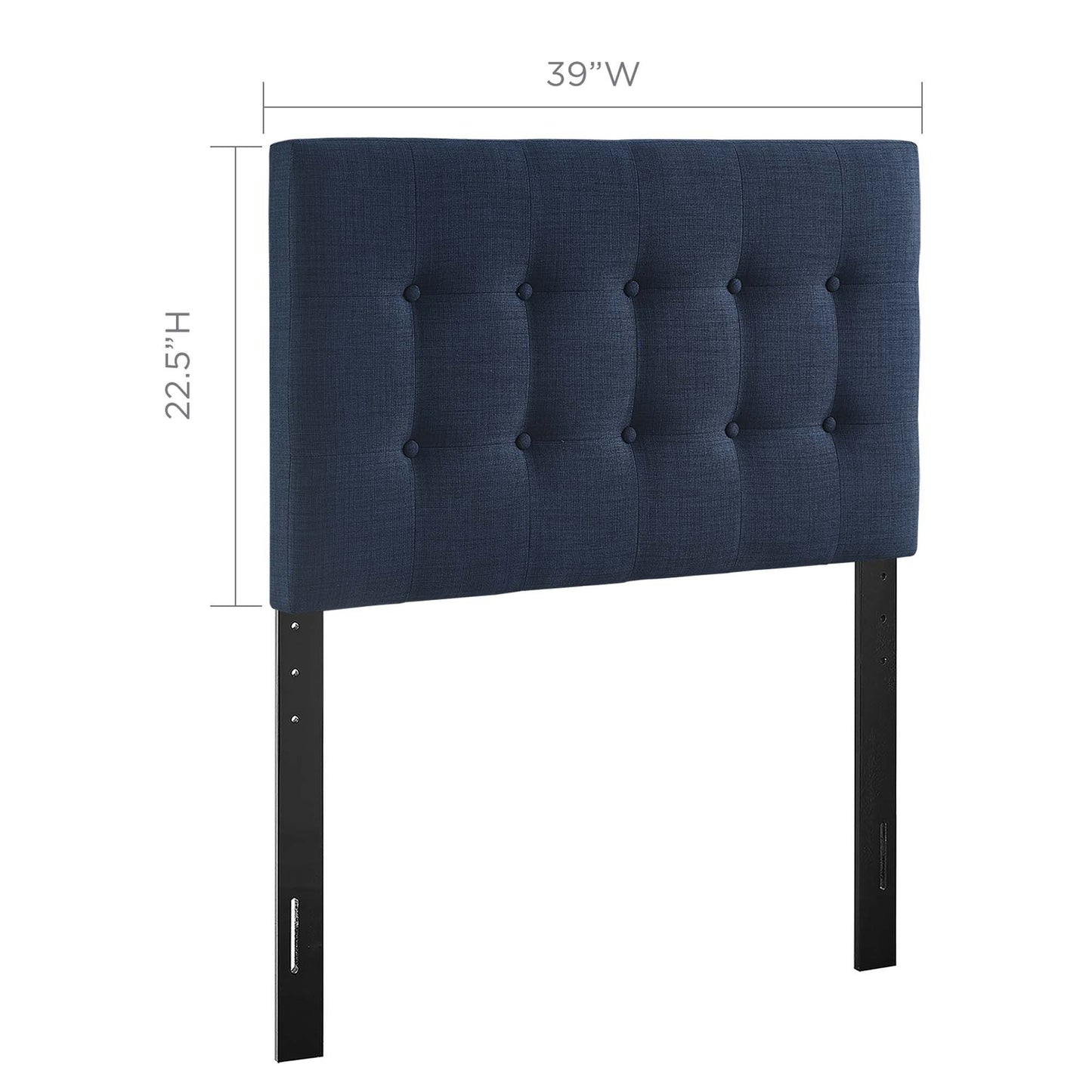 Navy fabric tufted headboard with button grid, 39W x 22.5H, mounted on black metal legs.