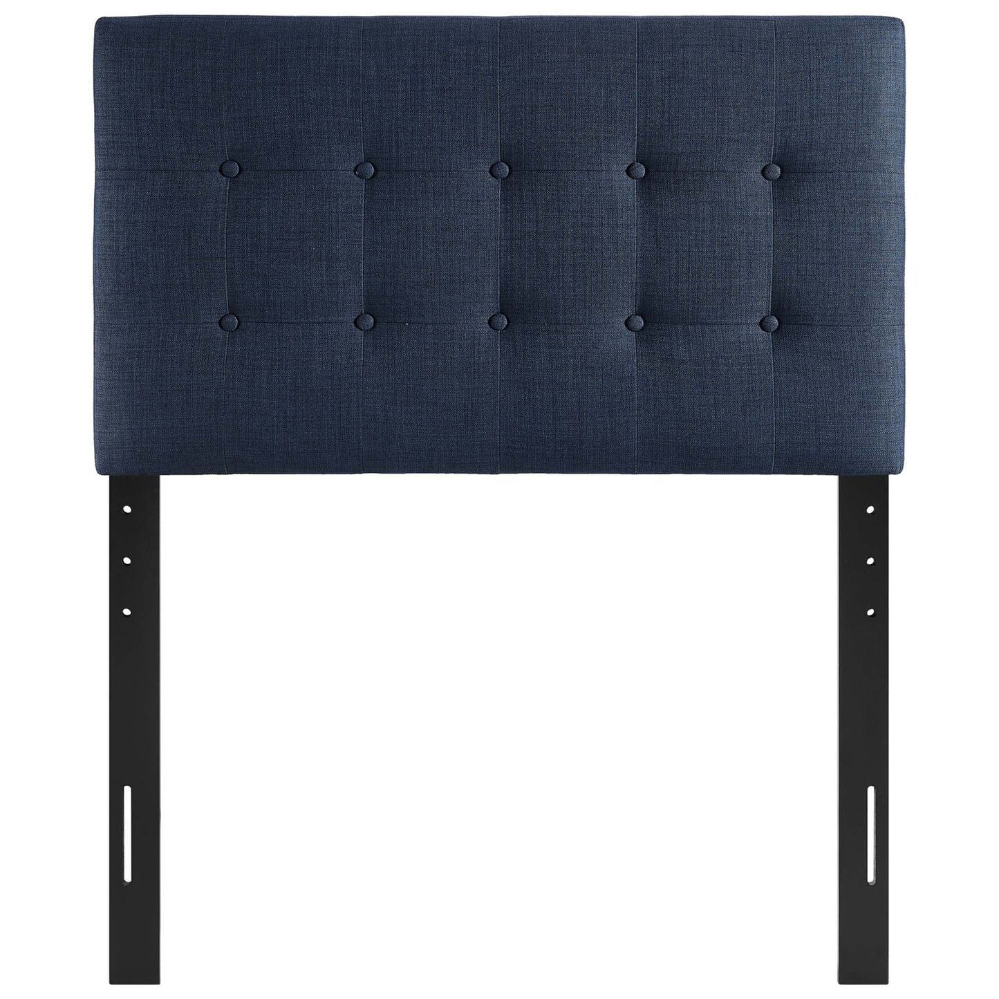 Navy blue tufted fabric twin headboard with square-button tufting & black metal adjustable legs