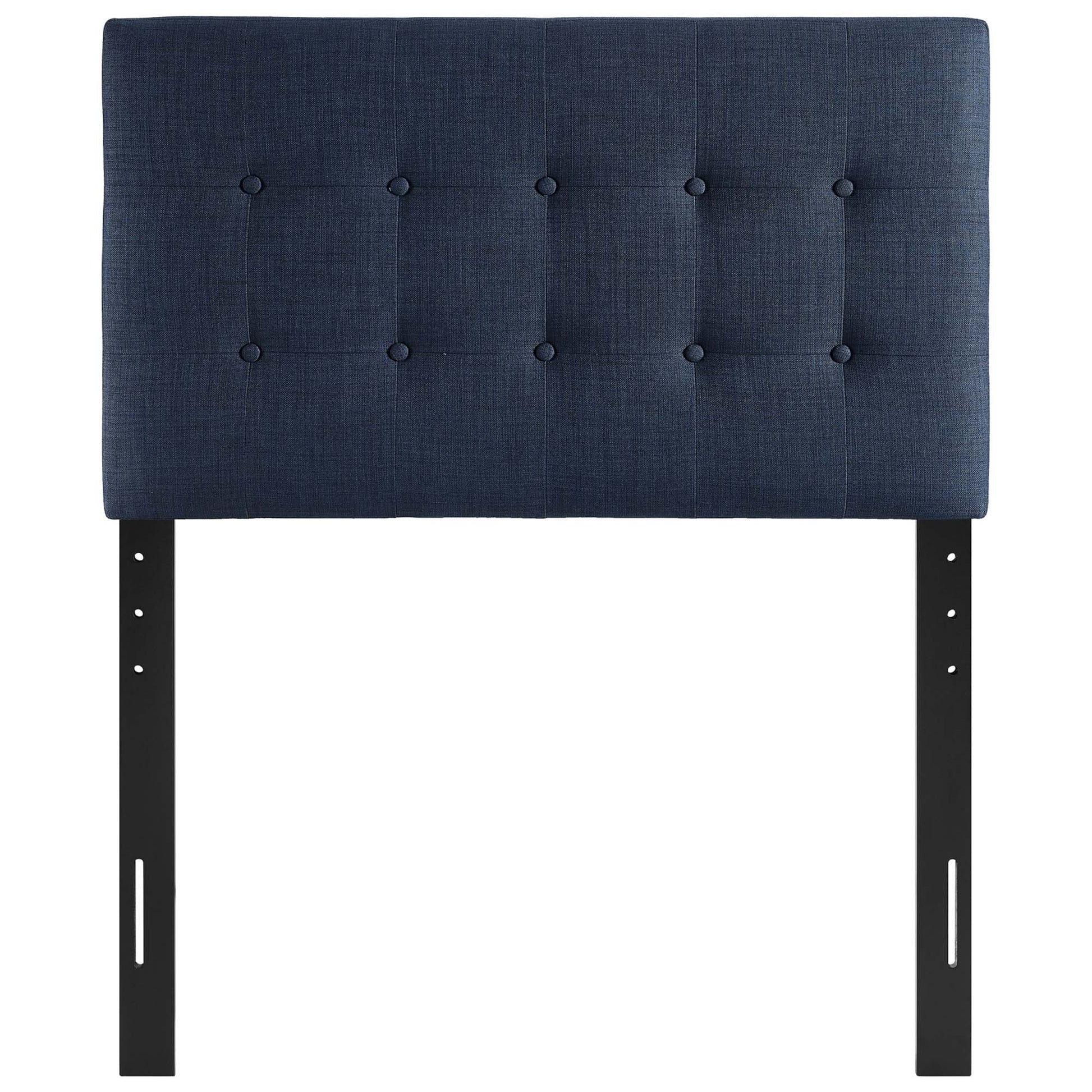 Navy blue tufted fabric twin headboard with square-button tufting & black metal adjustable legs