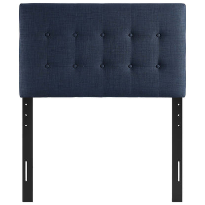Navy blue tufted fabric twin headboard with square-button tufting & black metal adjustable legs