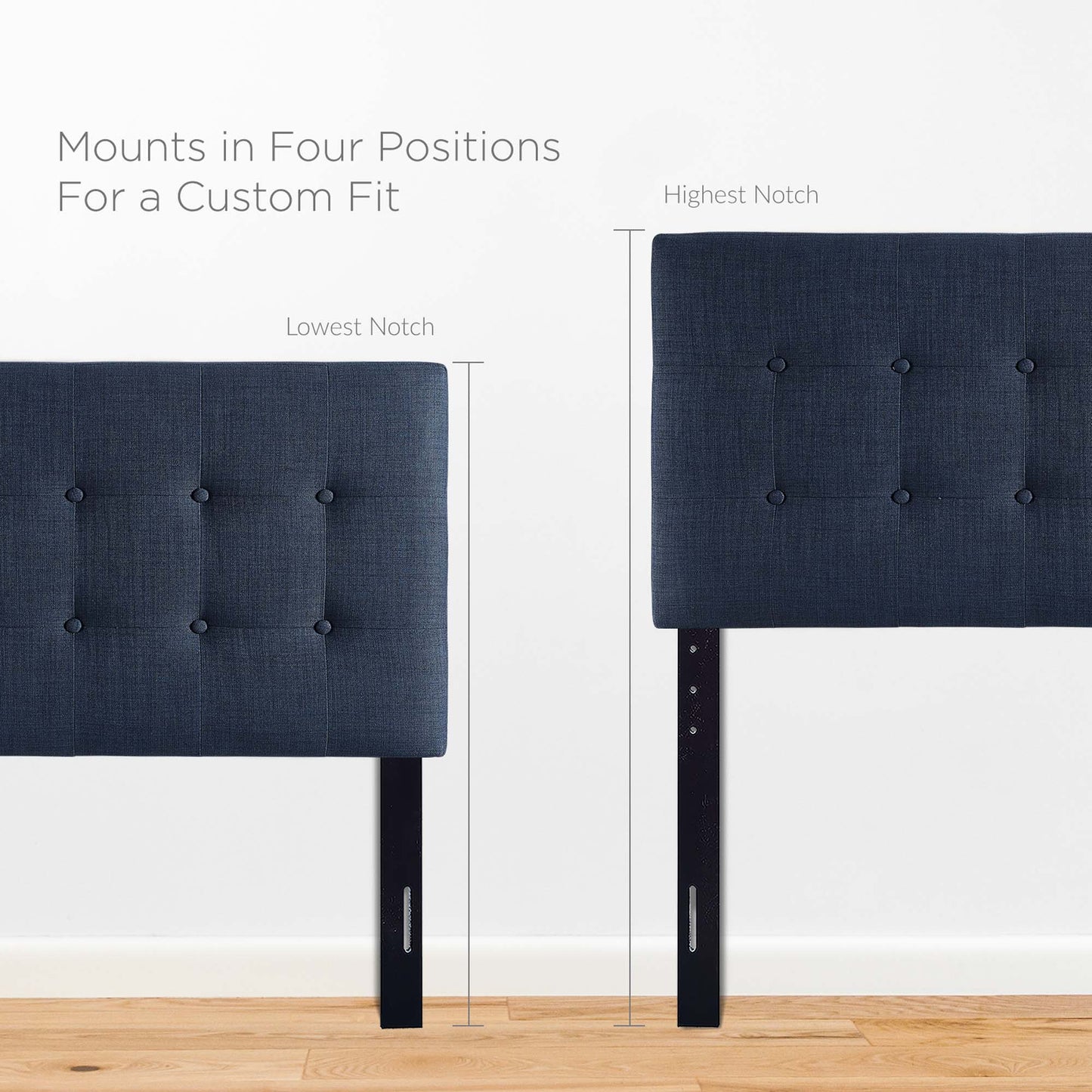 Navy blue tufted upholstered twin headboard.