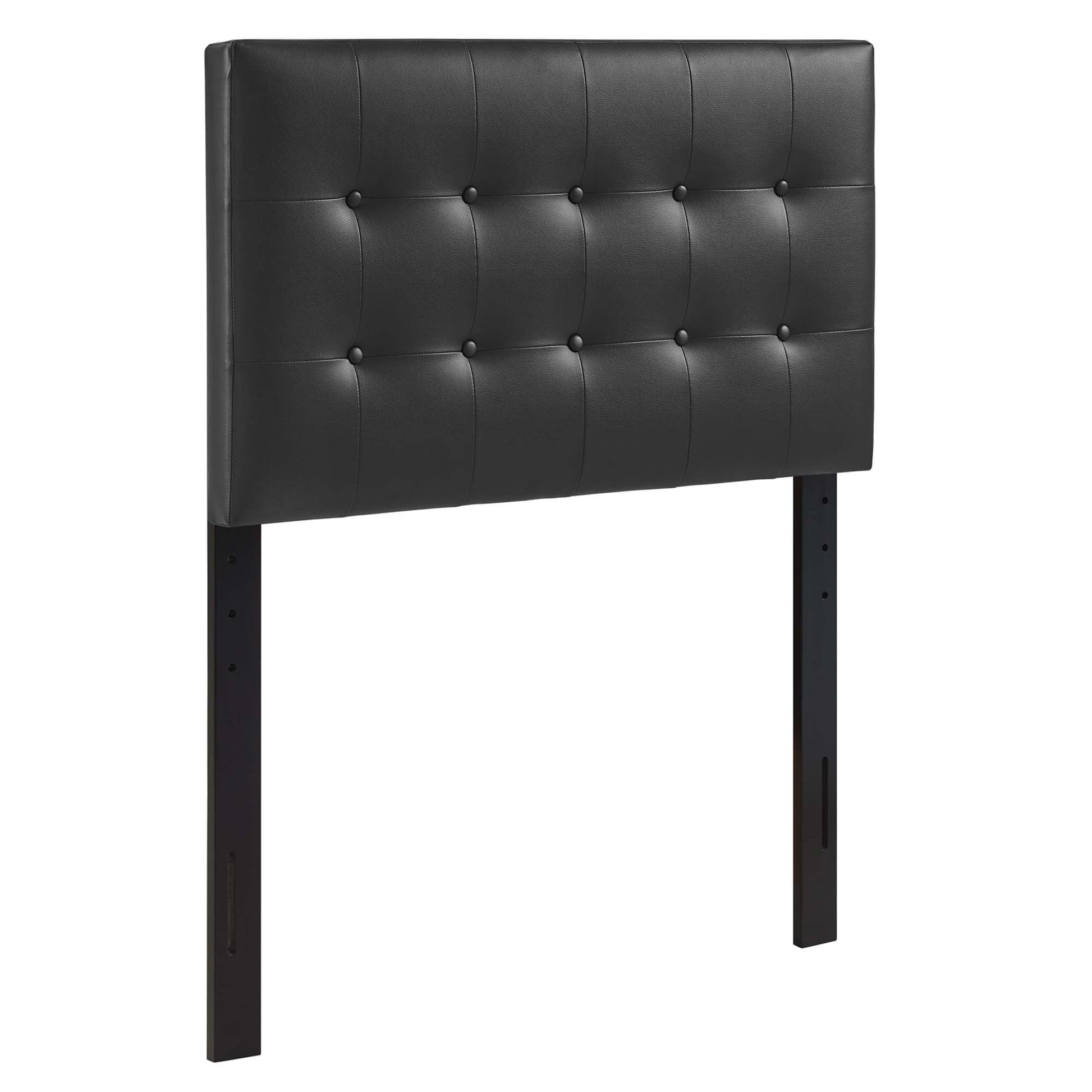 Black tufted vinyl twin headboard with square button tufting.