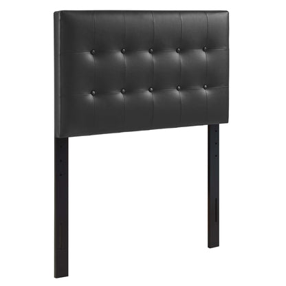 Black tufted vinyl twin headboard with square button tufting.