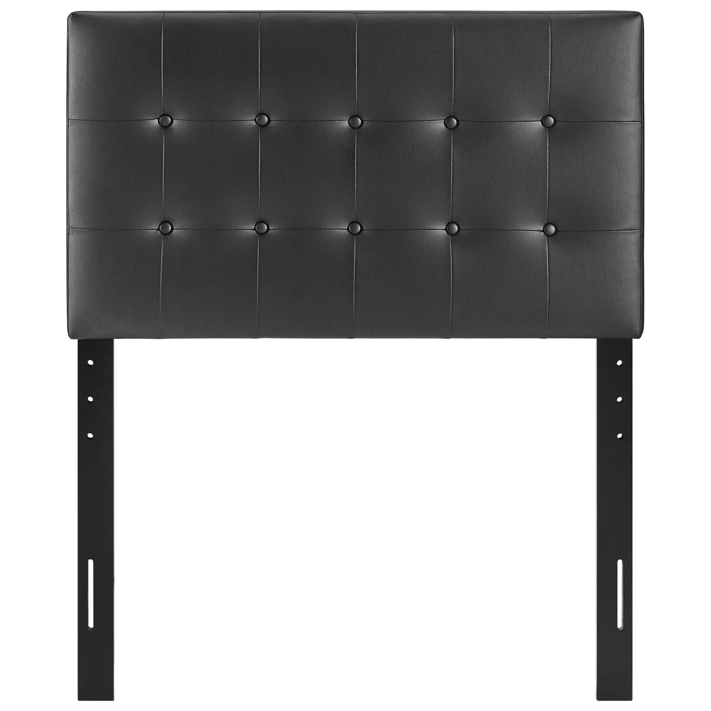 Black tufted upholstered headboard panel with square button grid mounted on slim metal legs.