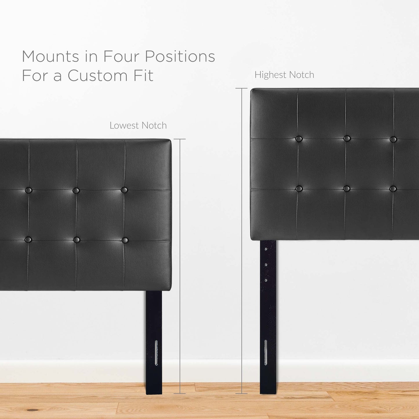 Black faux-leather tufted headboard on metal legs; four-position adjustable height from lowest to highest notch.