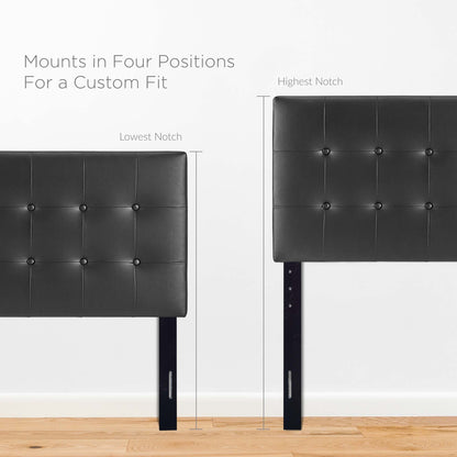 Black faux-leather tufted headboard on metal legs; four-position adjustable height from lowest to highest notch.