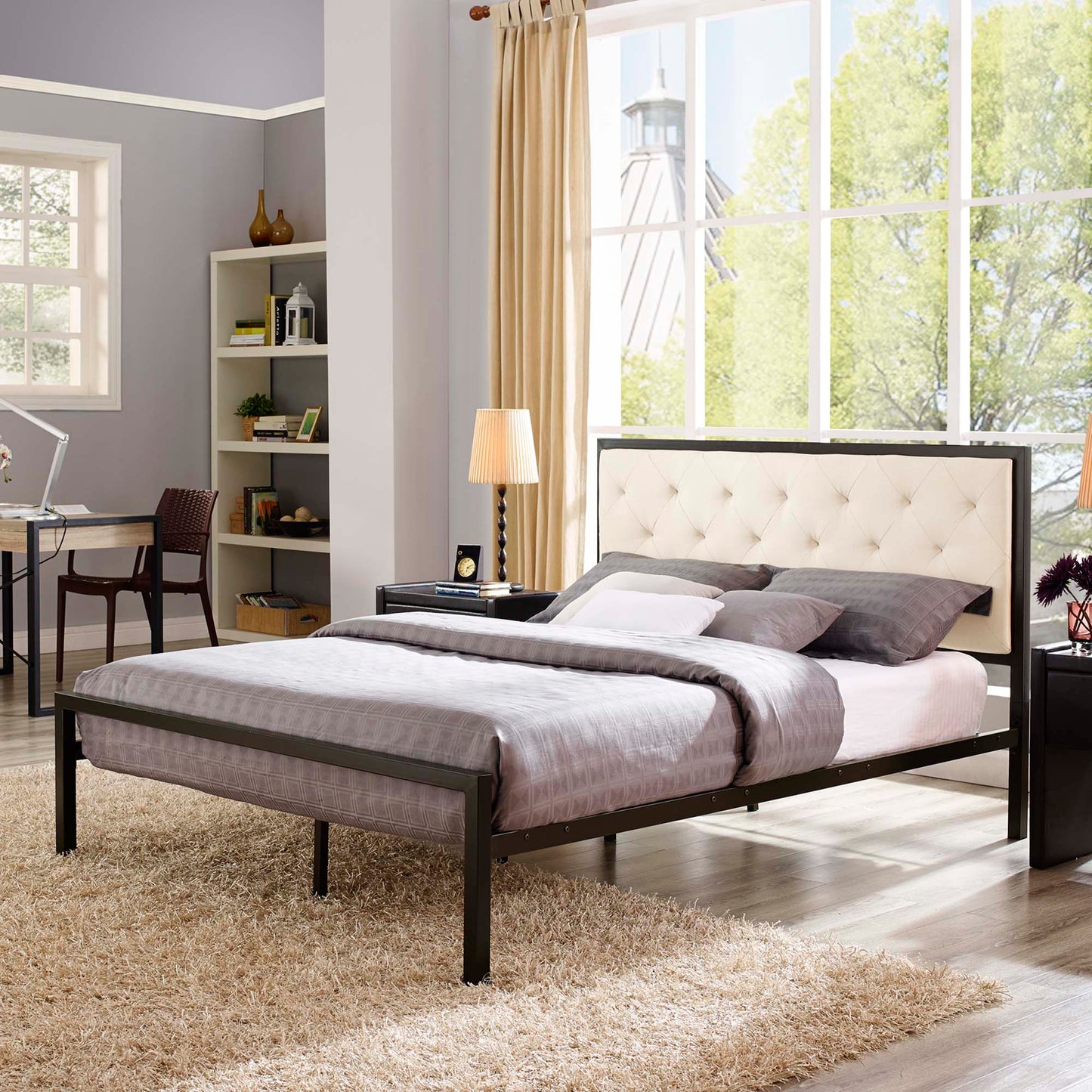 Modway Outlet Mia Fabric Queen Bed by Modway  Bedroom Furniture Brown Beige - MOD-5182-BRN-BEI-SET