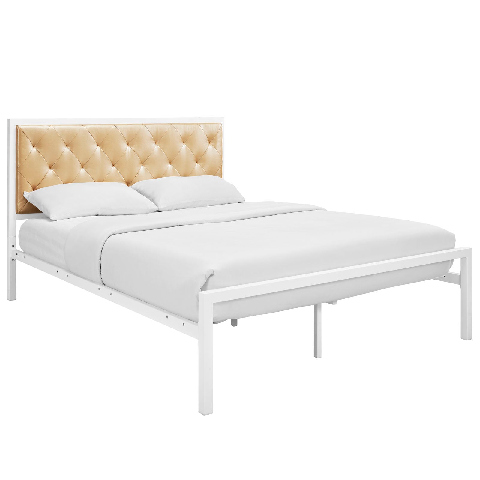 White metal bed frame with tufted champagne faux-leather headboard and white sheets; modern minimalist design.