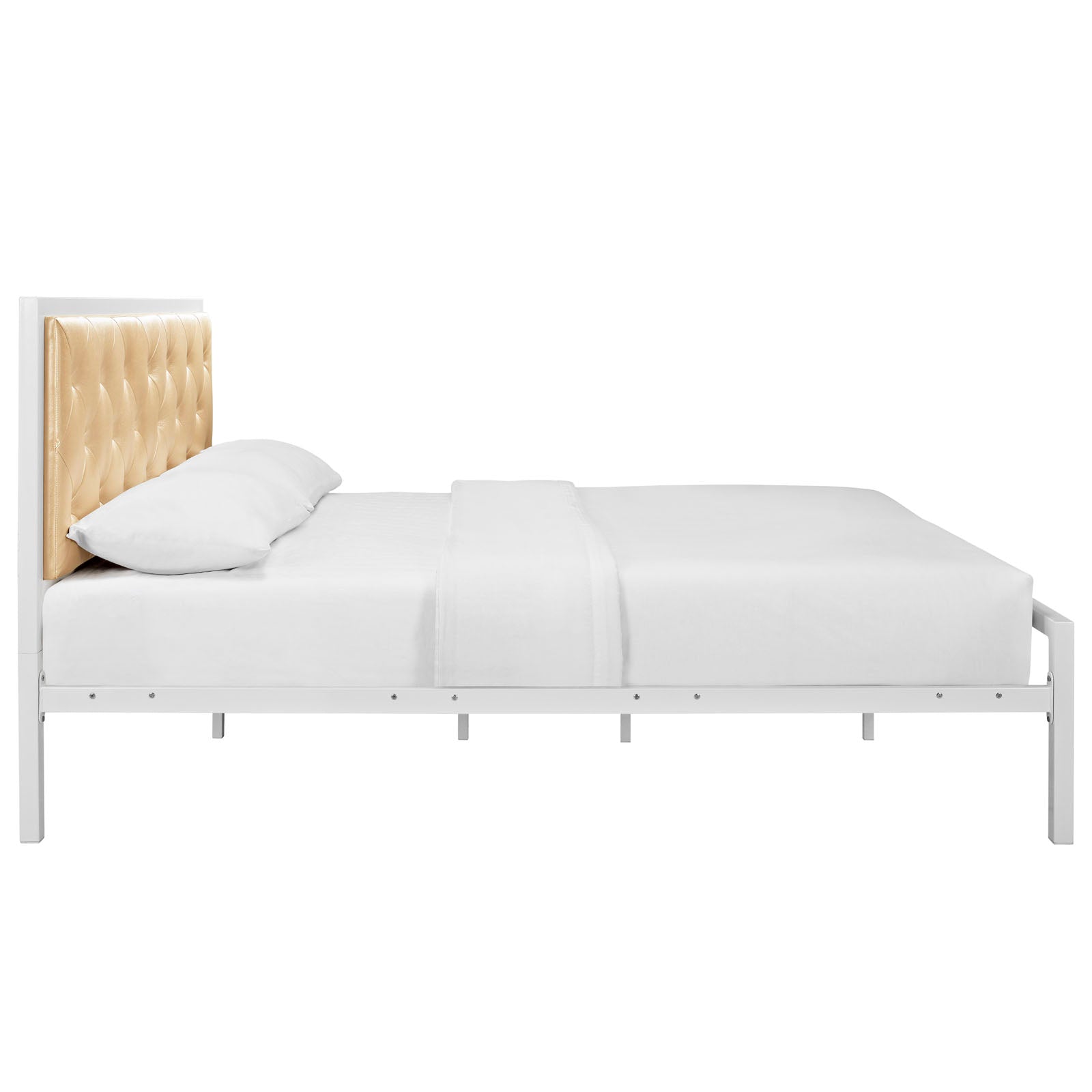 White vinyl queen bed with a tan tufted headboard and white bedding; modern minimalist style.