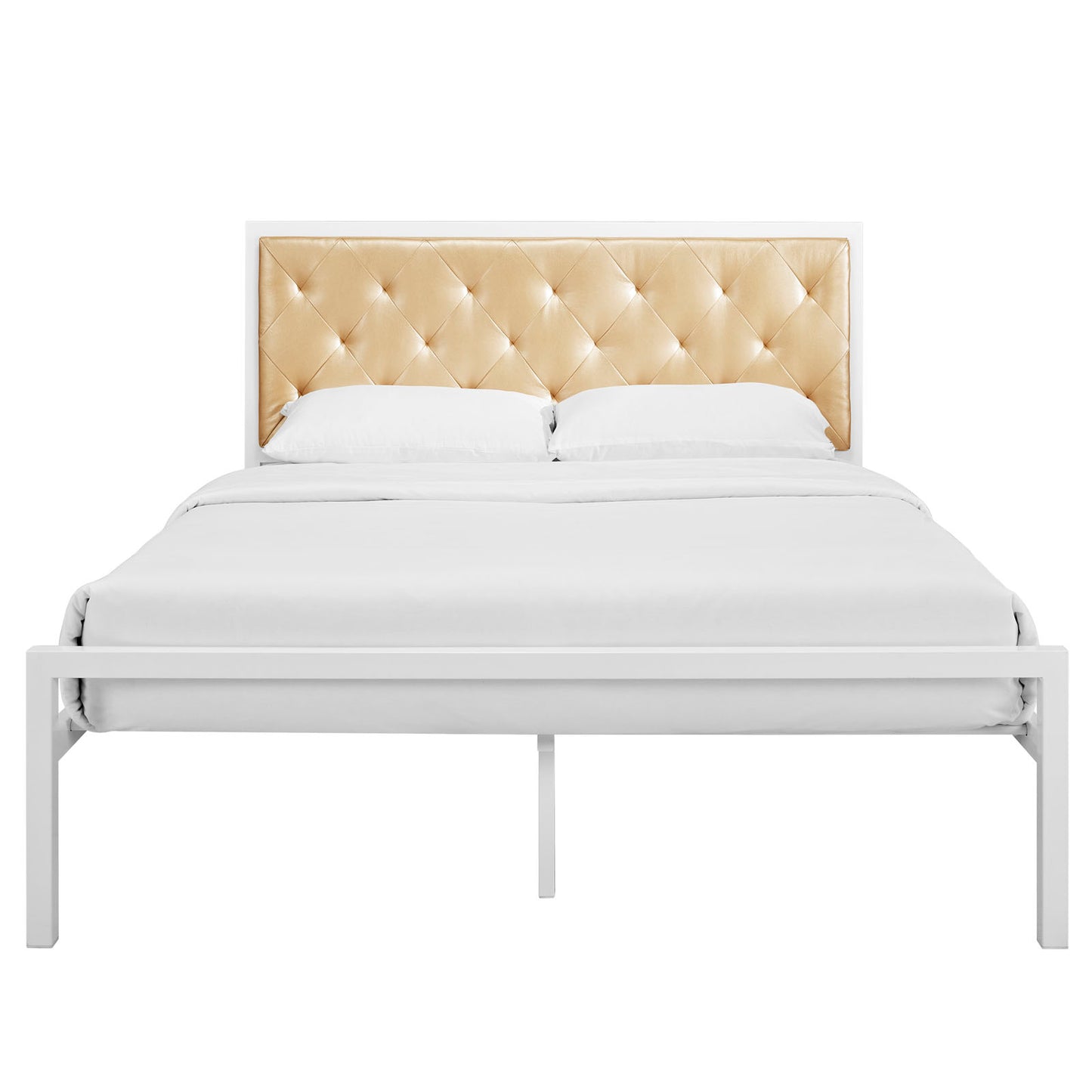 White platform bed with a champagne-tan diamond-tufted headboard and white bedding.