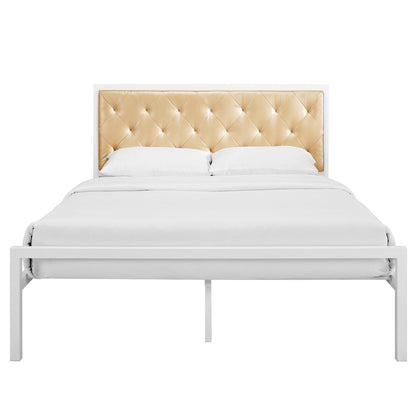 White platform bed with a champagne-tan diamond-tufted headboard and white bedding.