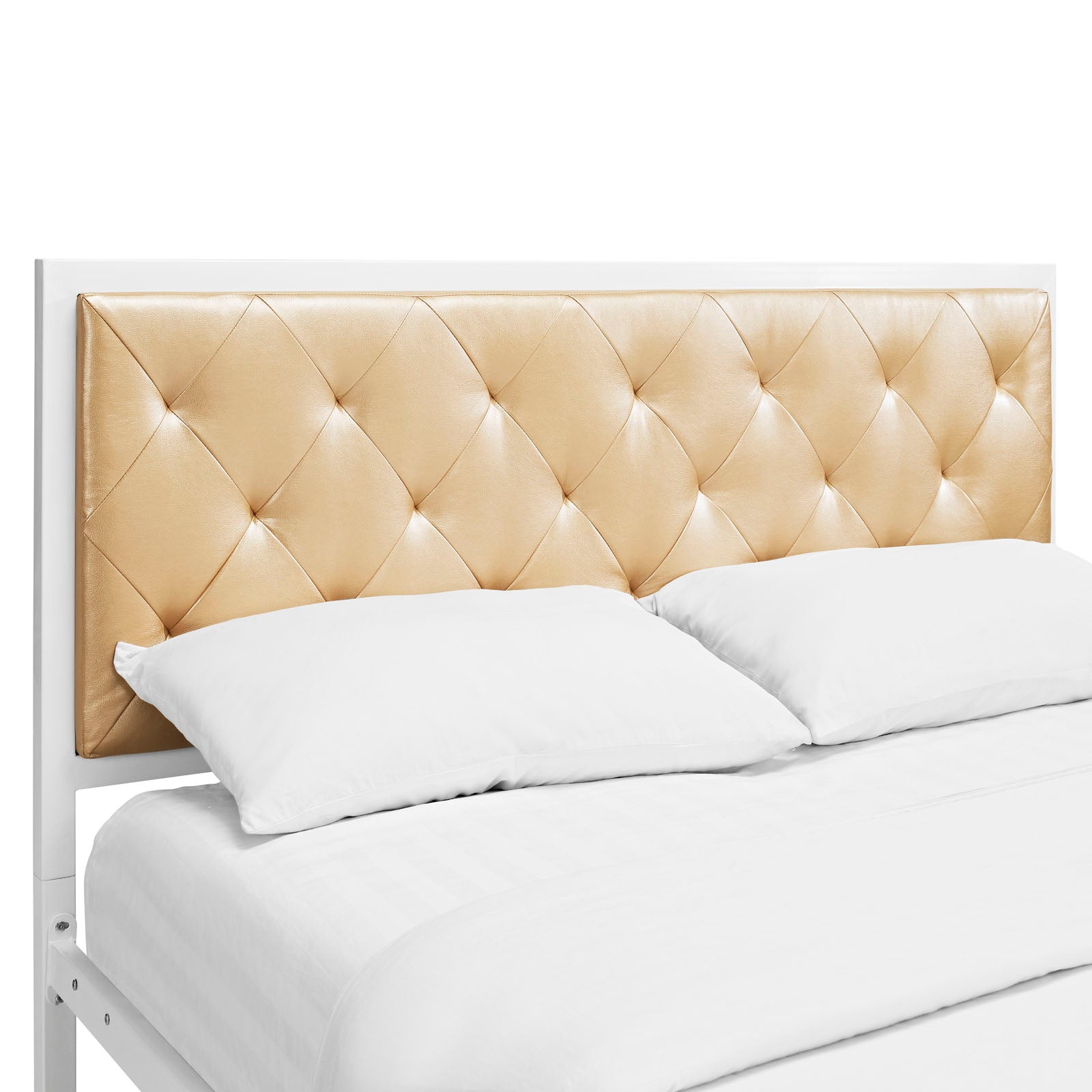 Champagne vinyl queen bed with a tufted headboard featuring diamond stitching and white bedding.