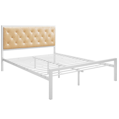 White vinyl queen bed with an upholstered headboard and slatted support, modern chic style.