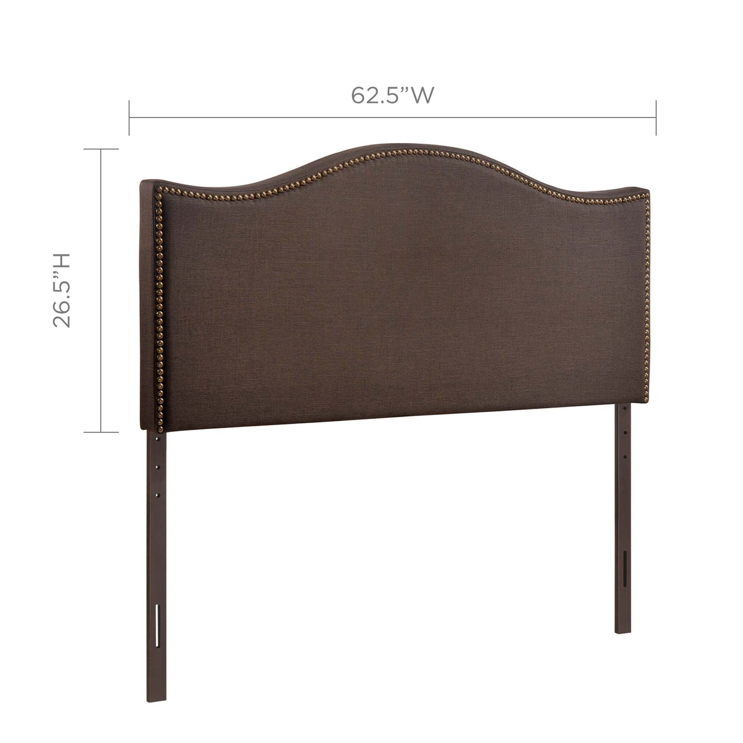 Dark brown fabric upholstered headboard with a curved top and brass nailhead trim, traditional style for a queen bed.