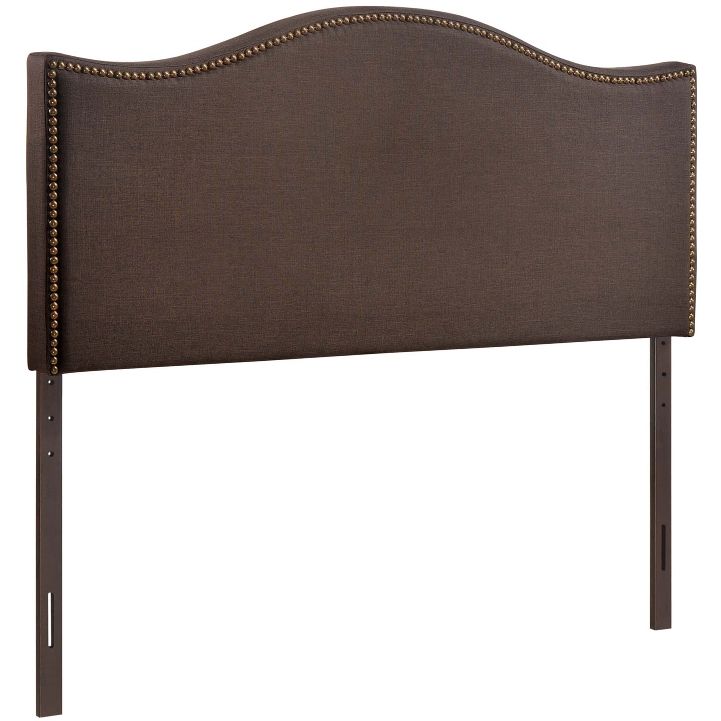 Dark brown fabric upholstered queen headboard with a curved top and brass nailhead trim.