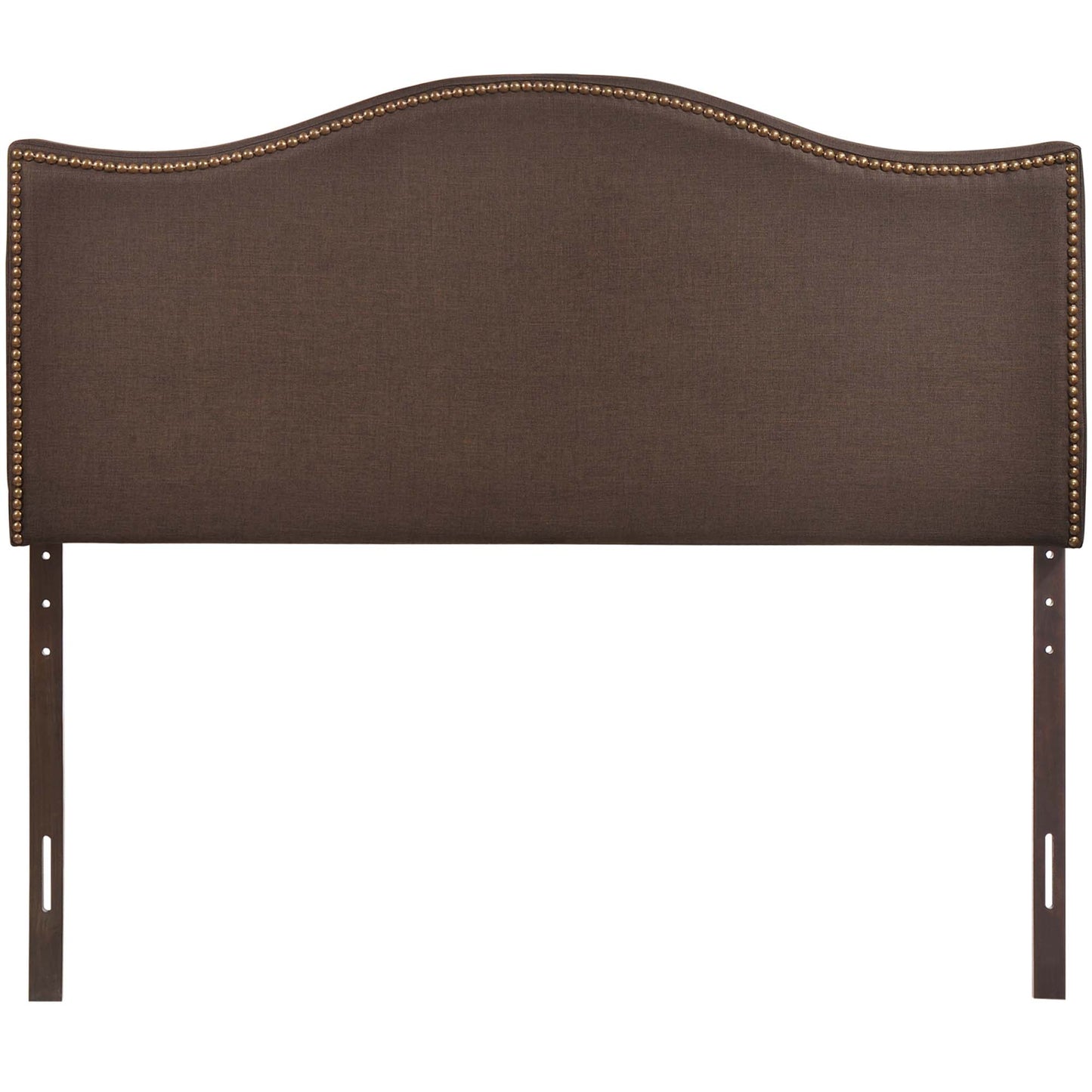 Dark brown upholstered headboard with curved top and brass nailhead trim.