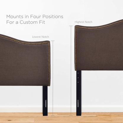 Dark brown upholstered queen headboard with curl nailhead trim and four-position mounting for a custom fit.