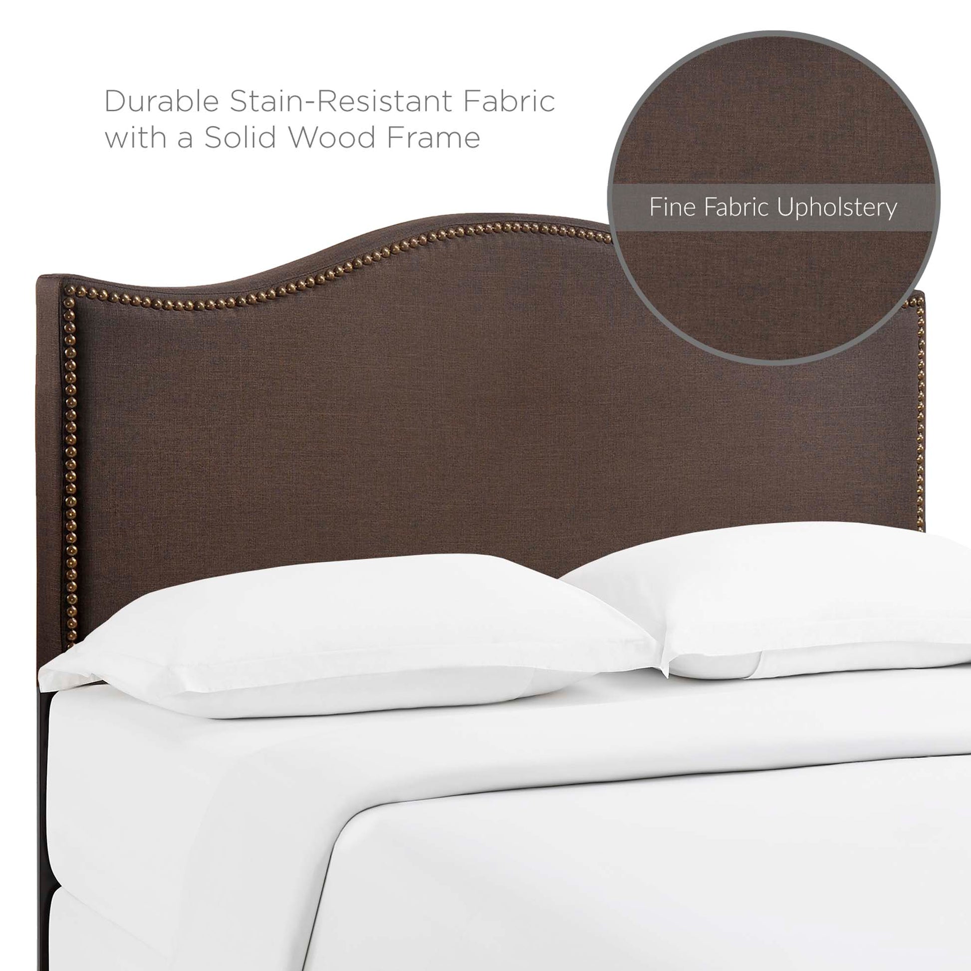 Dark brown stain-resistant fabric headboard with curved top, nailhead trim, solid wood frame on a white bed.