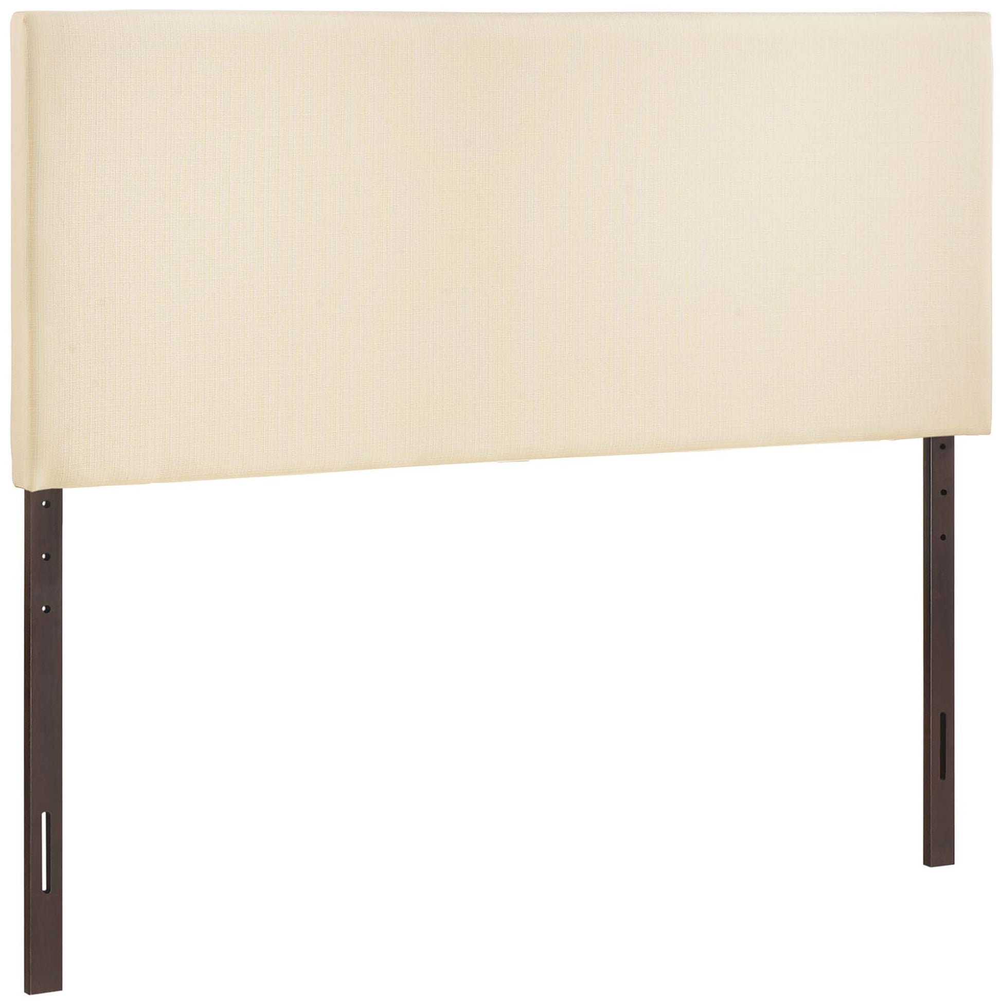 Ivory upholstered headboard with dark wood posts; padded rectangular panel for bed frame, modern contemporary style.