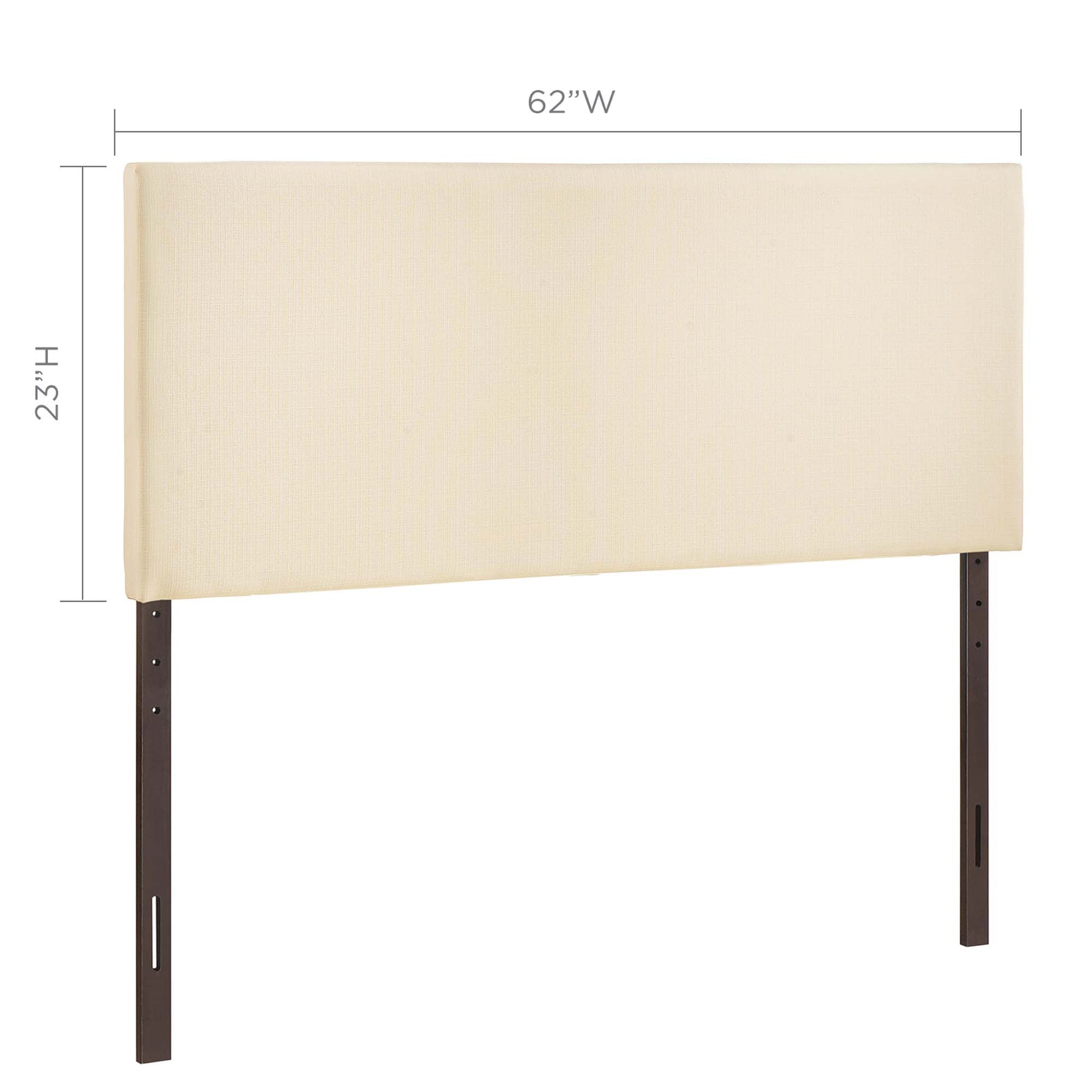 Ivory upholstered fabric headboard with dark wood legs, 62"W x 23.75"H, modern bed accessory.