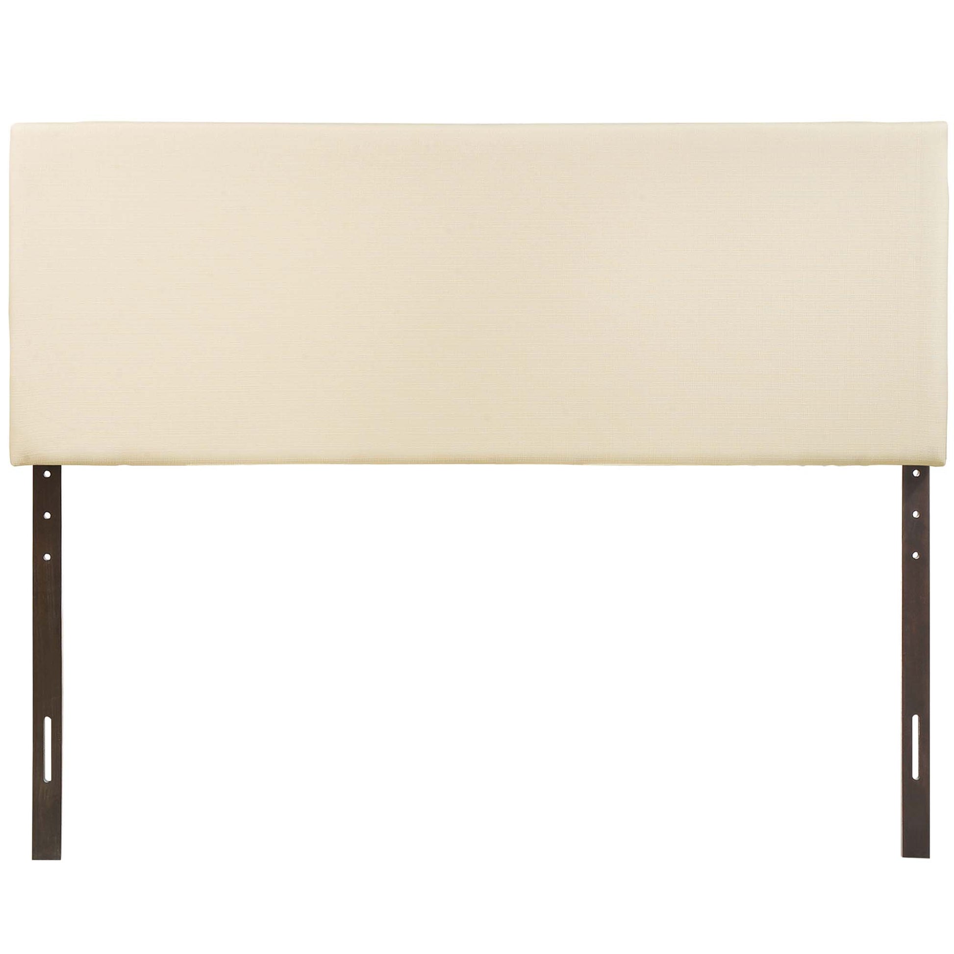 White fabric upholstered rectangular headboard with dark brown metal legs for bed frame.
