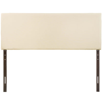 White fabric upholstered rectangular headboard with dark brown metal legs for bed frame.