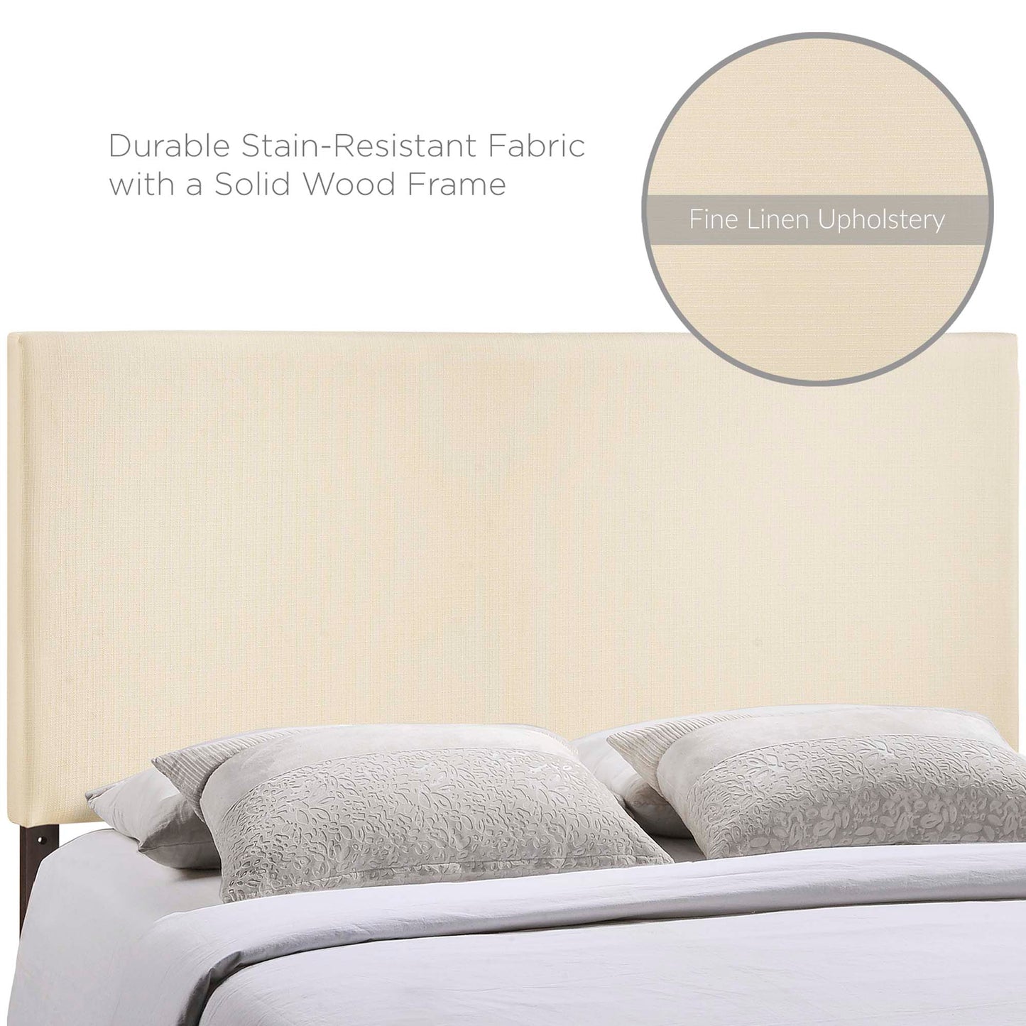 Ivory linen upholstered headboard with a solid wood frame; durable, stain-resistant fabric for a modern bedroom.