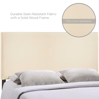 Ivory linen upholstered headboard with a solid wood frame; durable, stain-resistant fabric for a modern bedroom.