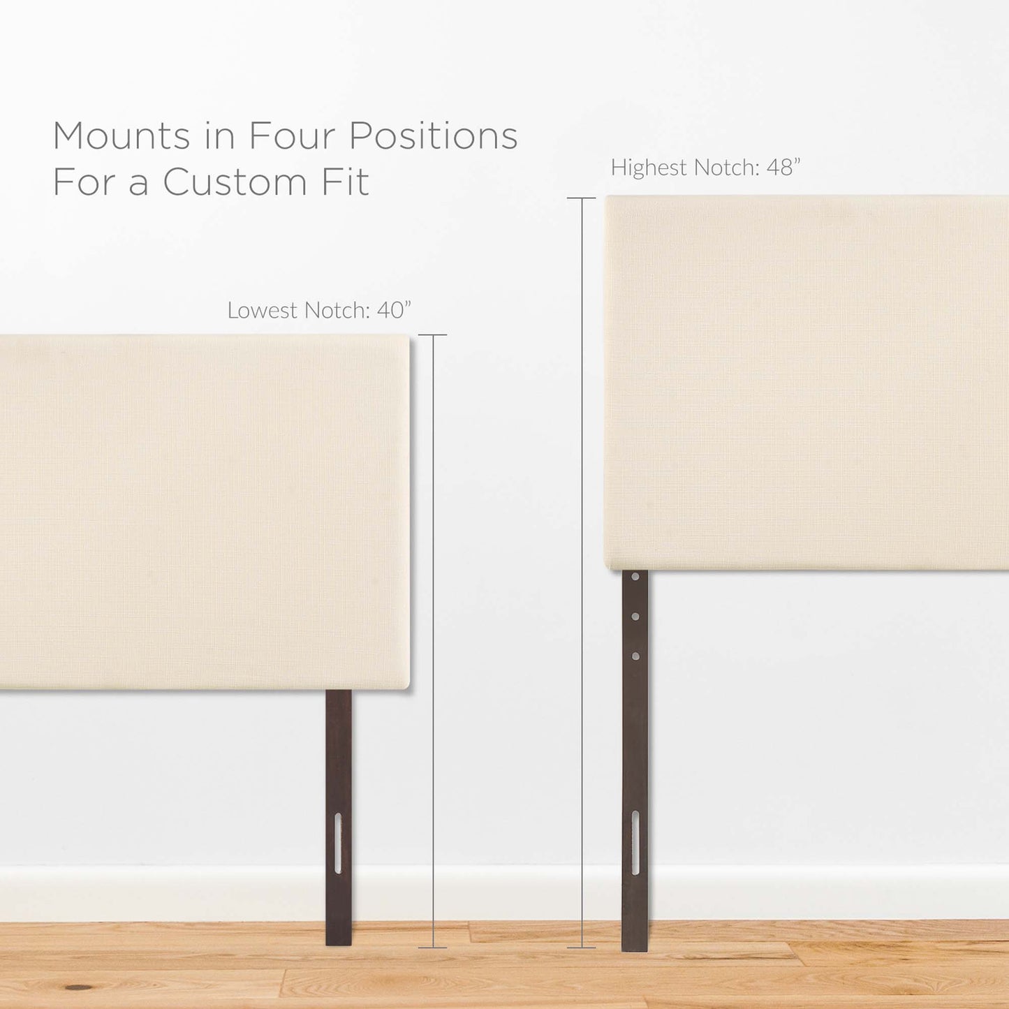 Beige upholstered headboard with dark brown adjustable metal legs; four-position mount for a custom fit (40–48 in).