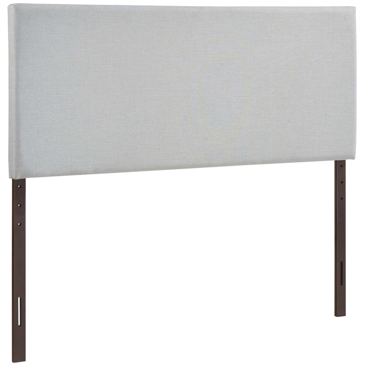 Gray upholstered full headboard with dark brown wooden legs, modern minimalist bed accessory.