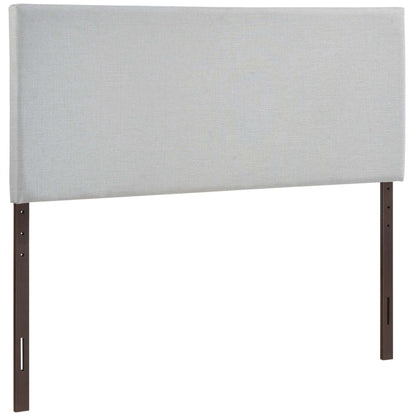 Gray upholstered full headboard with dark brown wooden legs, modern minimalist bed accessory.