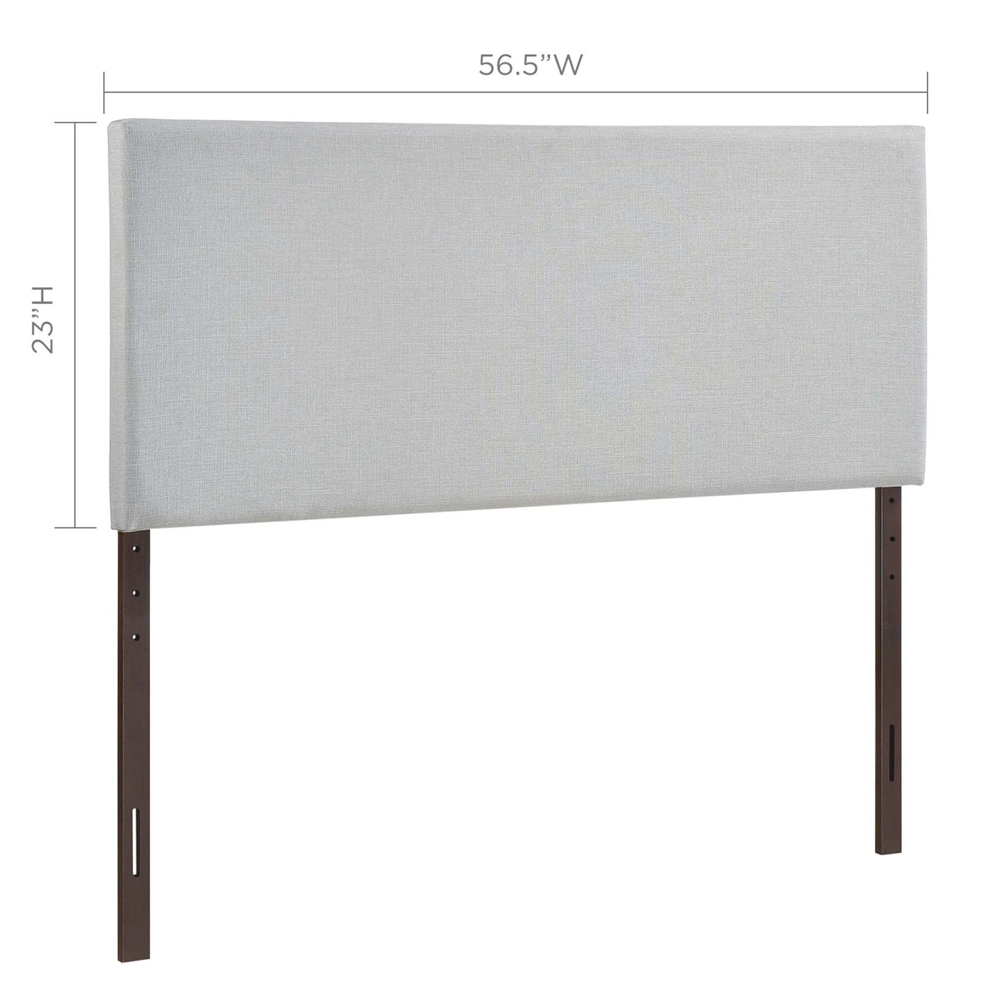 Gray upholstered headboard panel with dark wood legs; modern minimalist bed accessory.