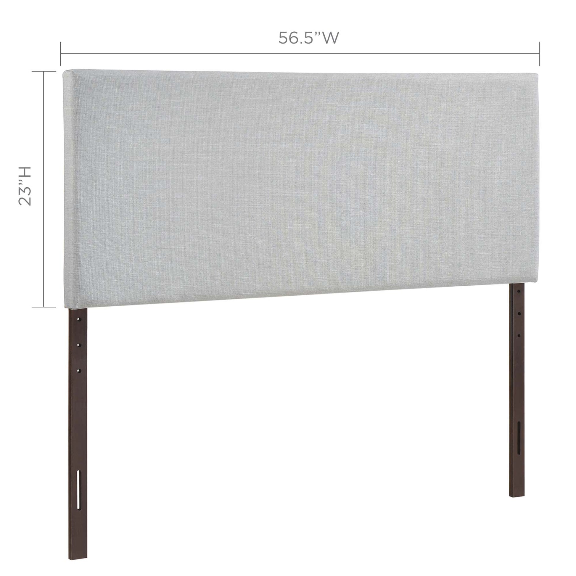 Gray upholstered headboard panel with dark wood legs; modern minimalist bed accessory.