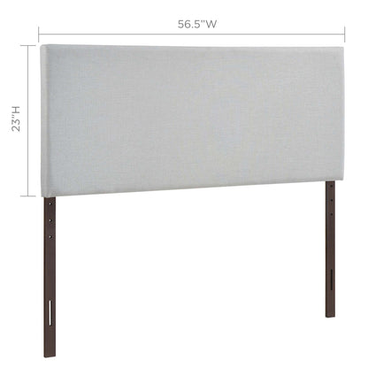 Gray upholstered headboard panel with dark wood legs; modern minimalist bed accessory.