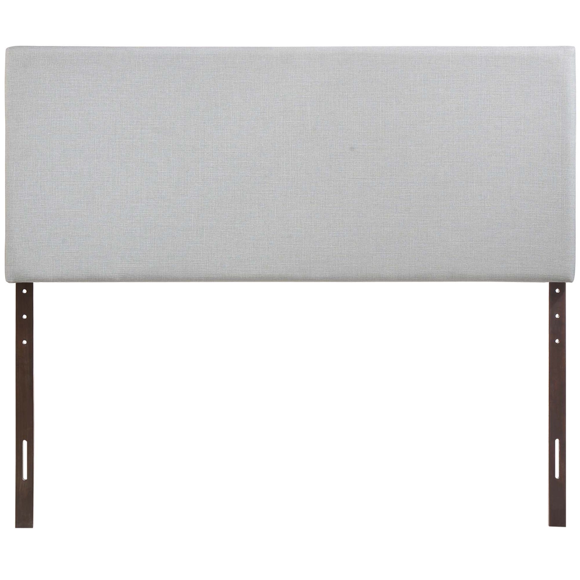 Light gray fabric upholstered headboard panel with dark brown legs for bed frame.