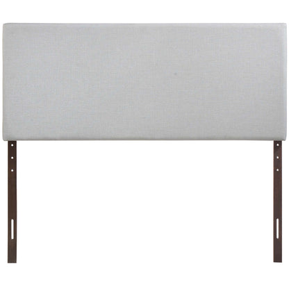 Light gray fabric upholstered headboard panel with dark brown legs for bed frame.
