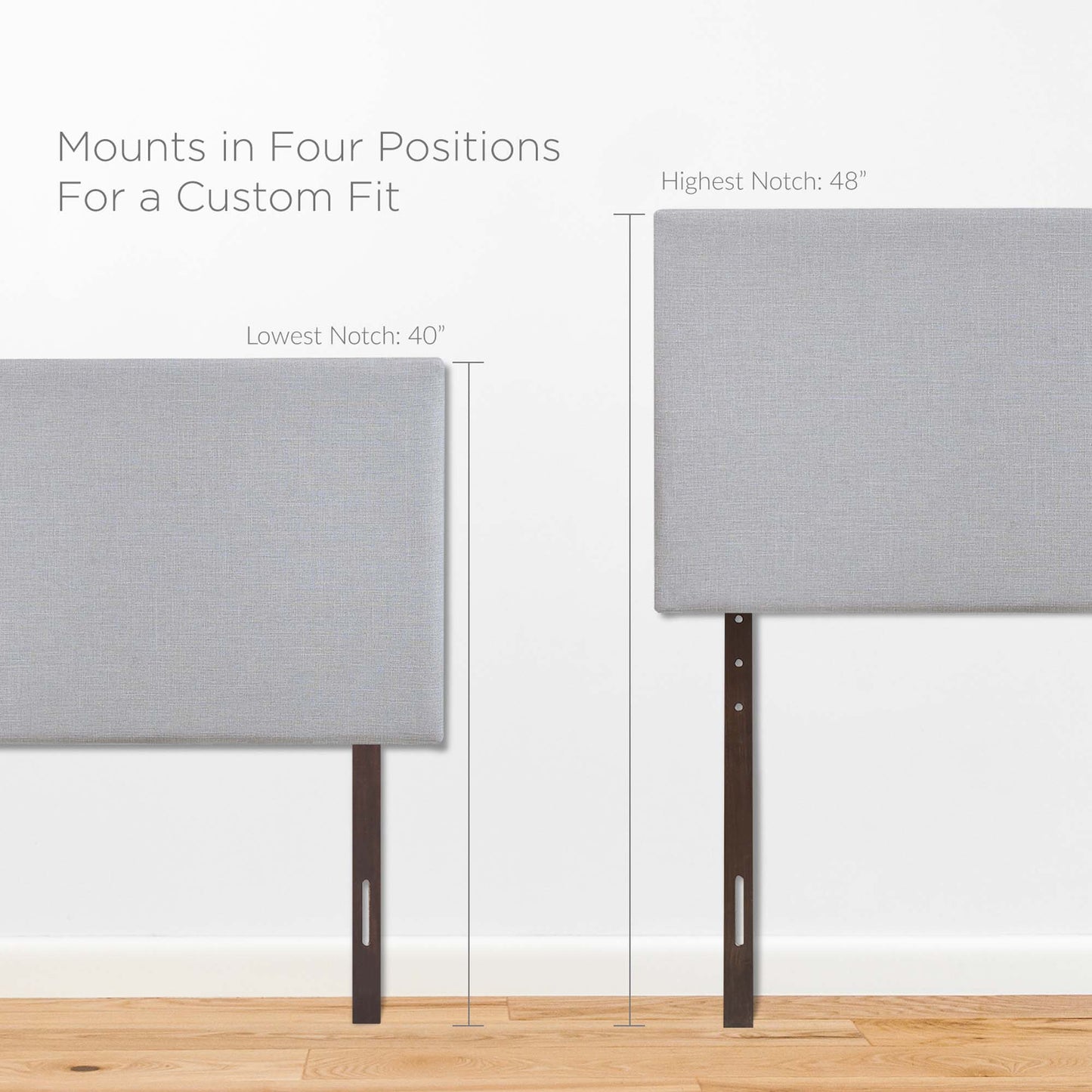Gray fabric upholstered full headboard with four-position adjustable mounting brackets for a custom fit.