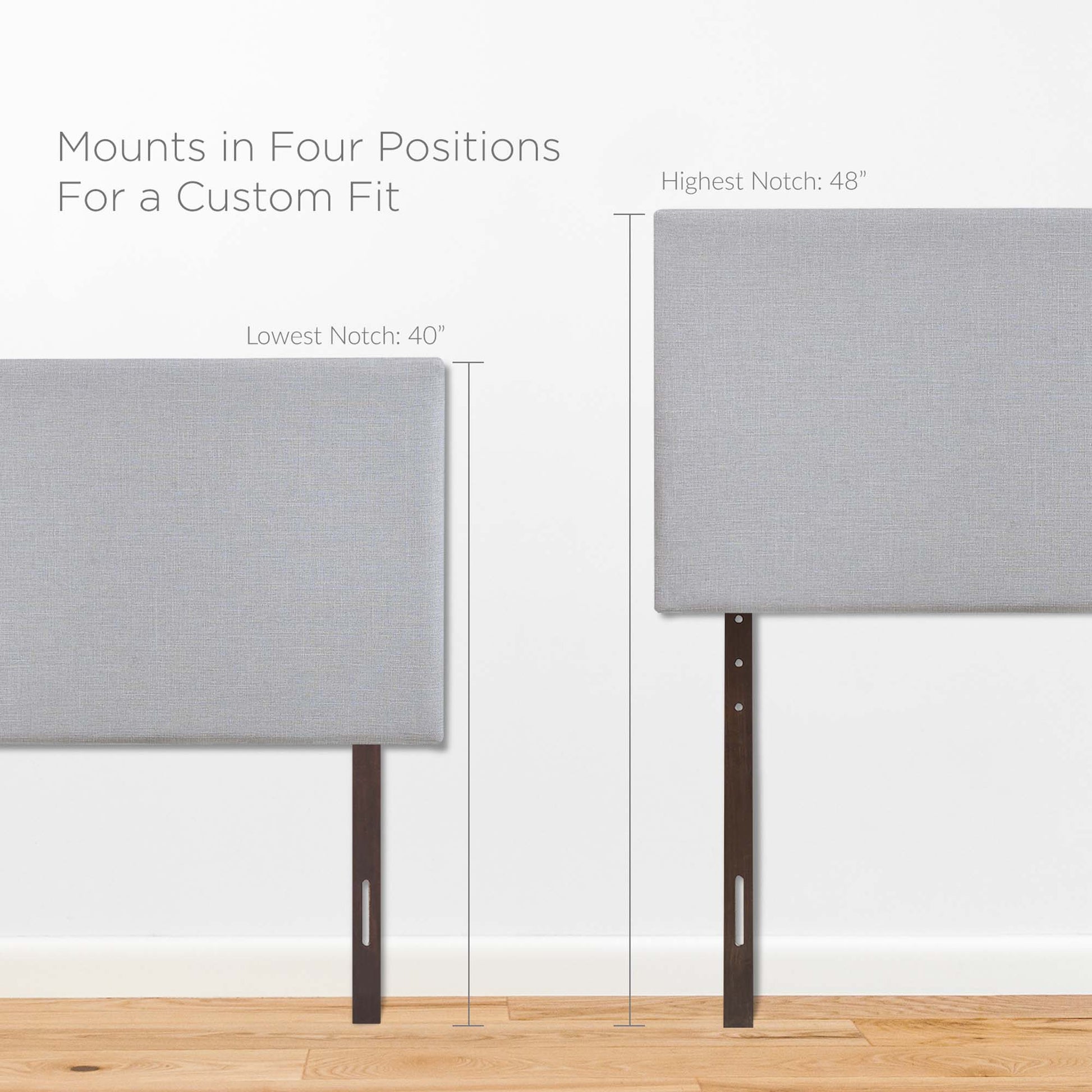 Gray fabric upholstered full headboard with four-position adjustable mounting brackets for a custom fit.