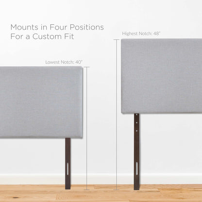 Gray fabric upholstered full headboard with four-position adjustable mounting brackets for a custom fit.