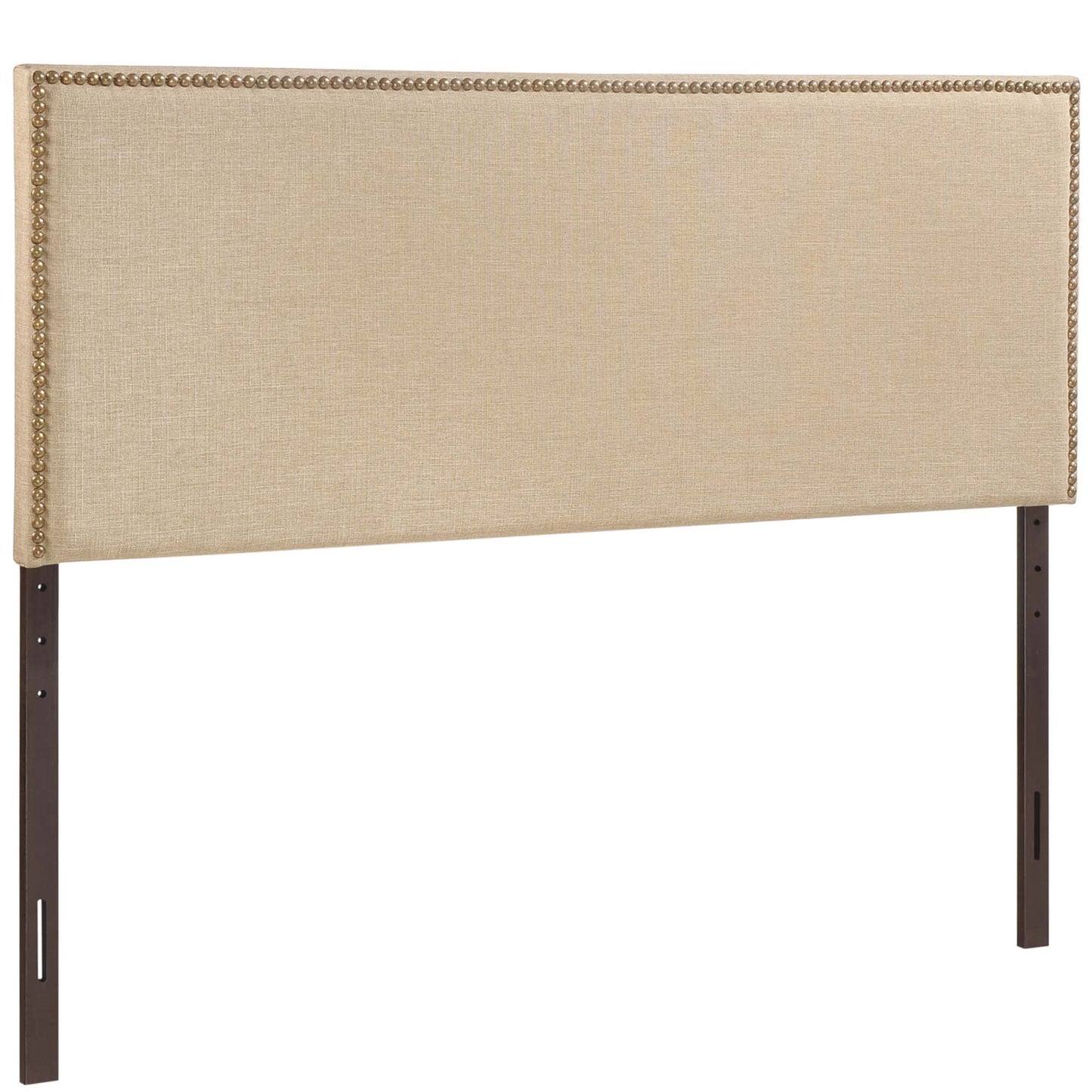 Brown upholstered headboard with brass nailhead trim and dark brown wooden legs.