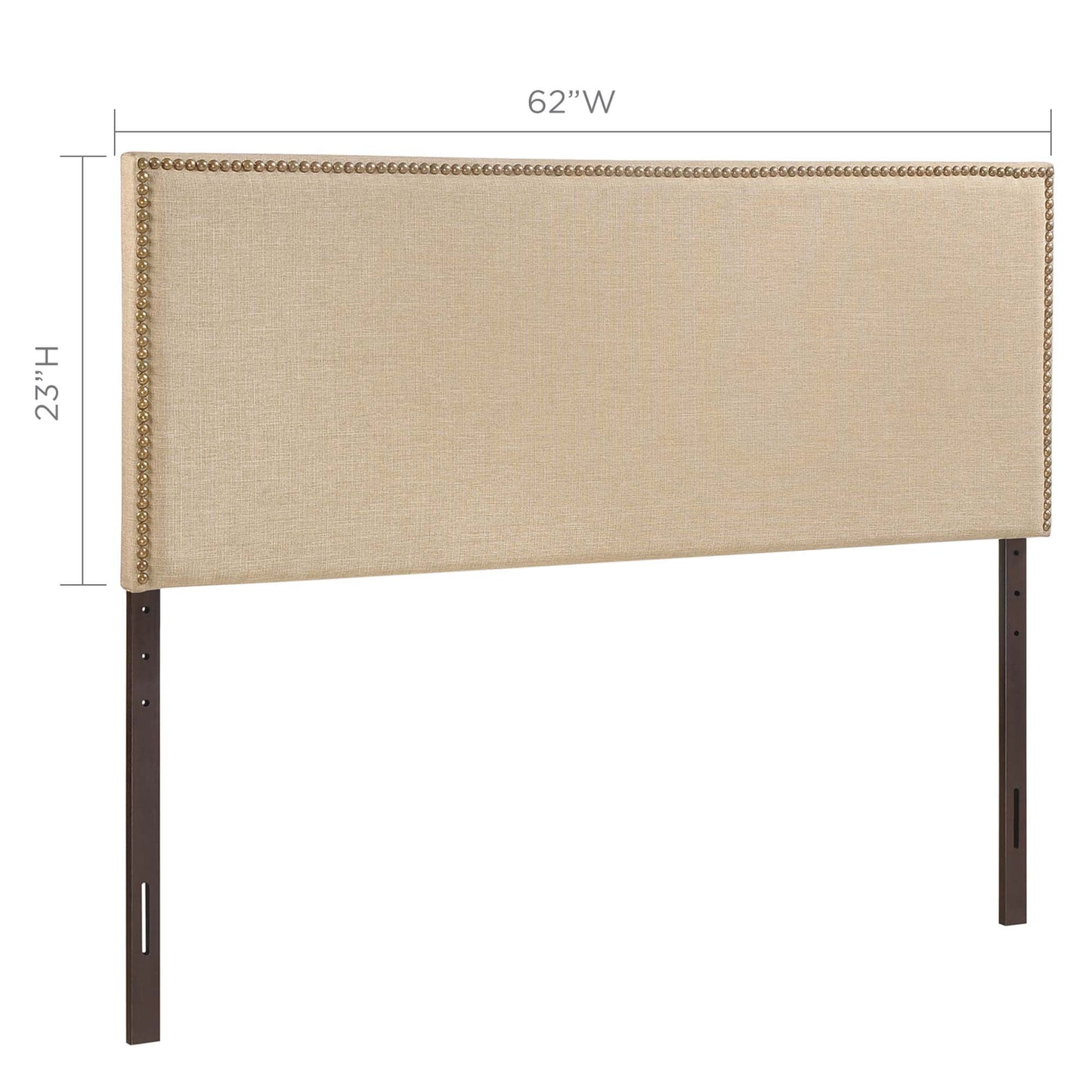Brown upholstered queen headboard with nailhead trim & dark wood legs; 62W x 23.5H