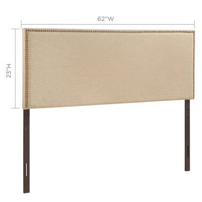 Brown upholstered queen headboard with nailhead trim & dark wood legs; 62W x 23.5H