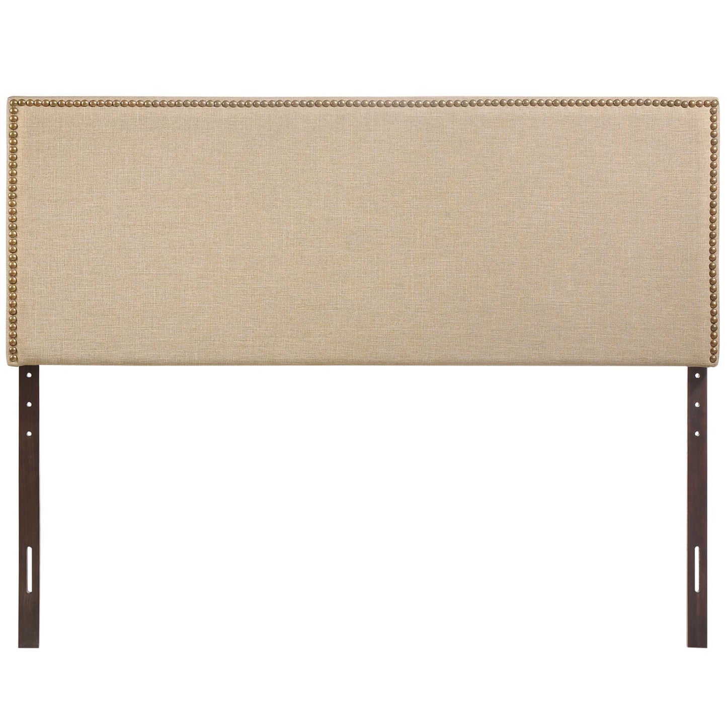 Beige fabric upholstered headboard with nailhead trim, dark wood legs, rectangular panel design.