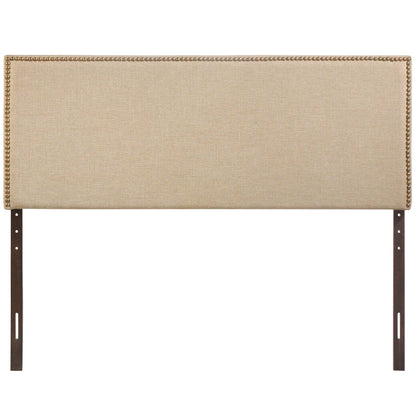 Beige fabric upholstered headboard with nailhead trim, dark wood legs, rectangular panel design.