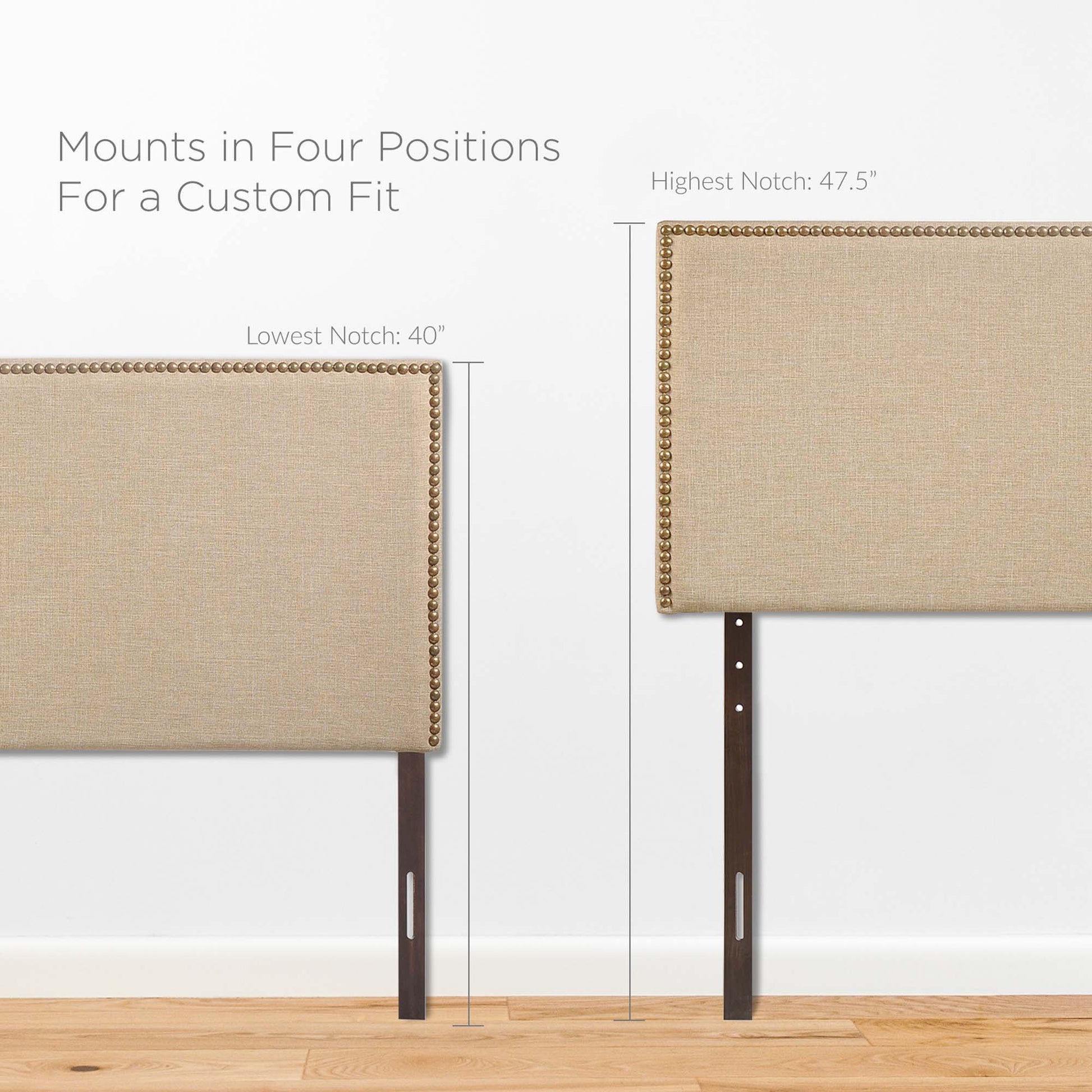 Brown upholstered queen headboard with nailhead trim and four-position adjustable legs.