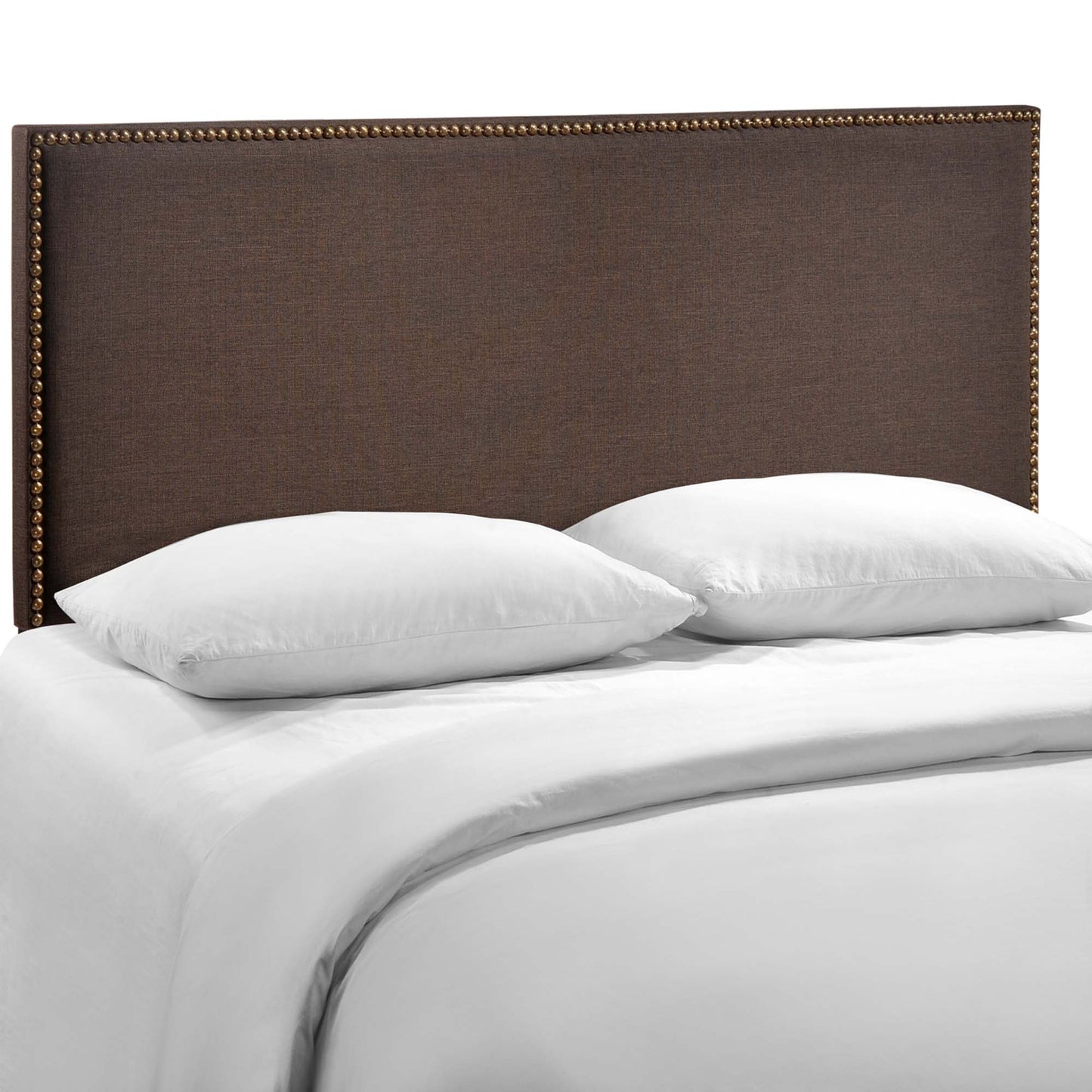Dark brown upholstered queen headboard with brass nailhead trim.