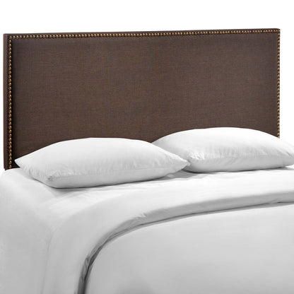 Dark brown upholstered queen headboard with brass nailhead trim.