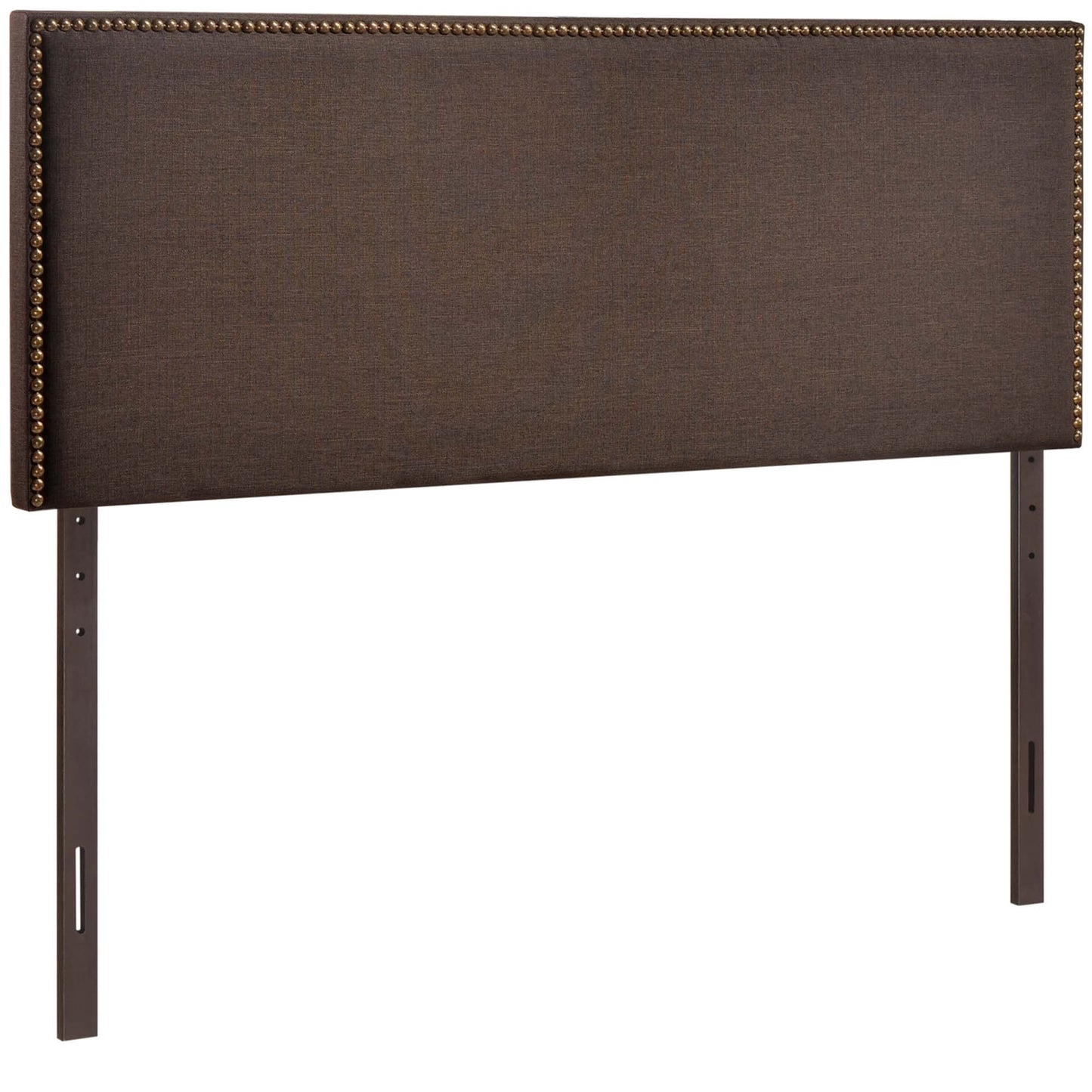 Dark brown fabric upholstered headboard with brass nailhead trim and two vertical mounting posts.