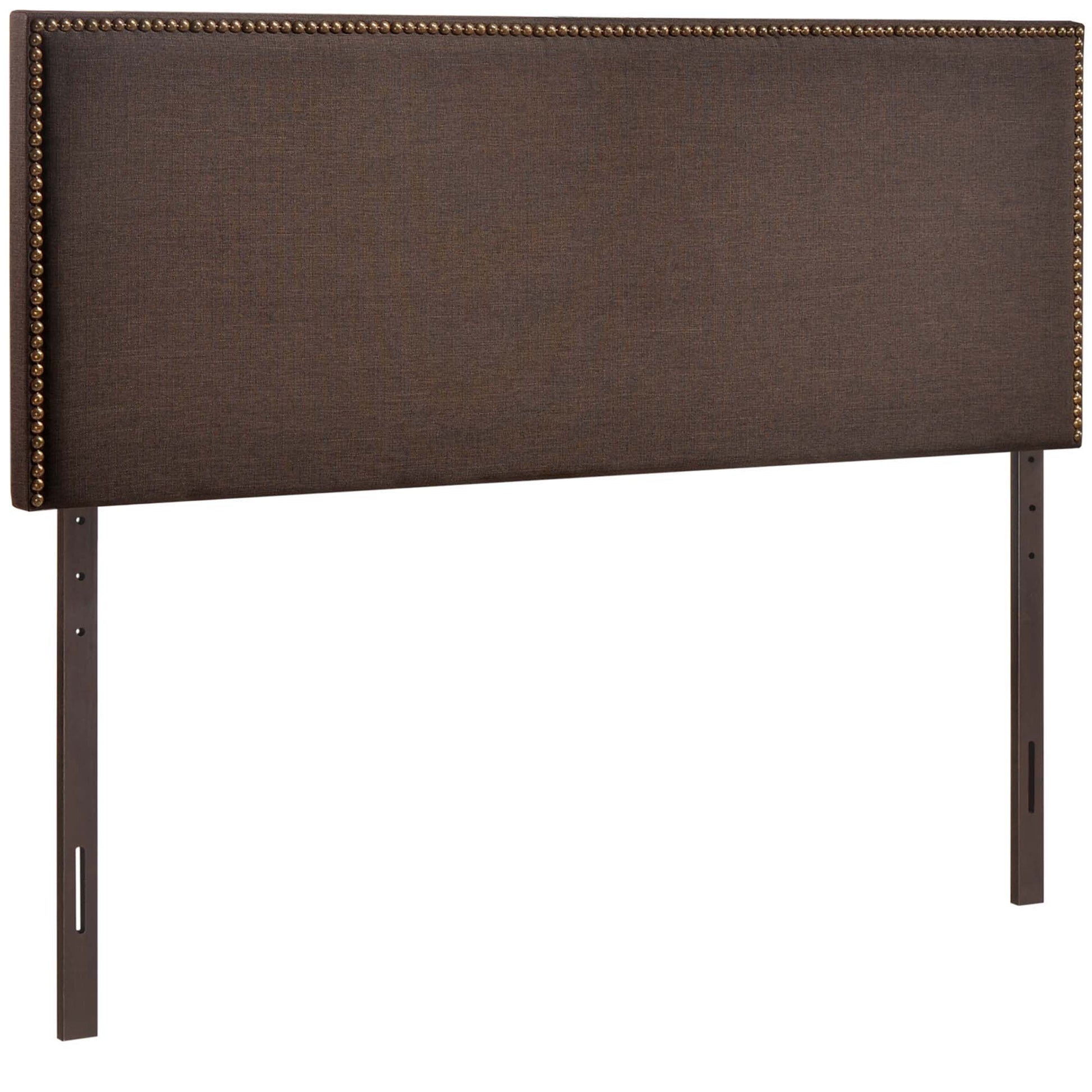 Dark brown fabric upholstered headboard with brass nailhead trim and two vertical mounting posts.